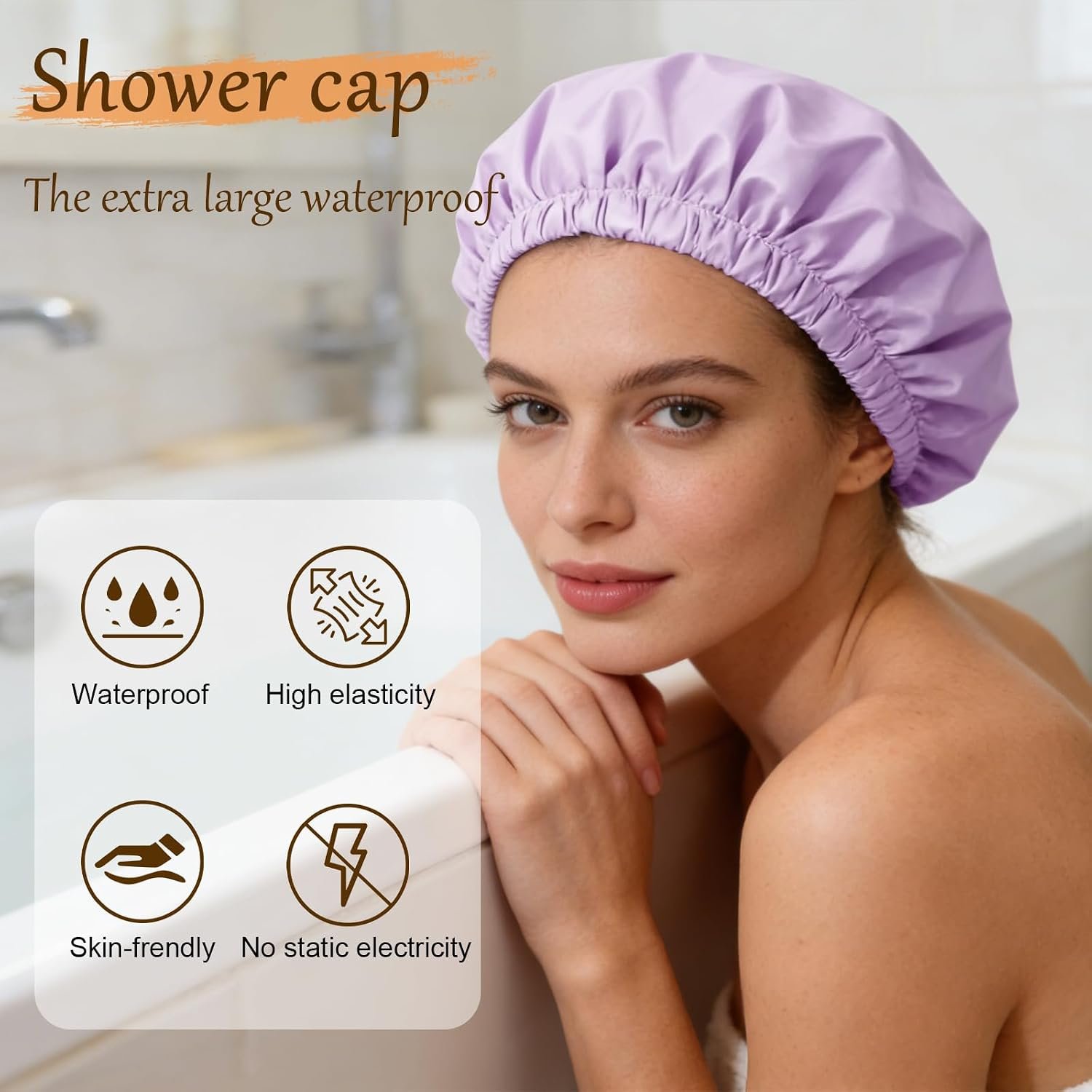 Shower Cap for Women, Reusable Waterproof Satin Lined Shower Cap - Image 2