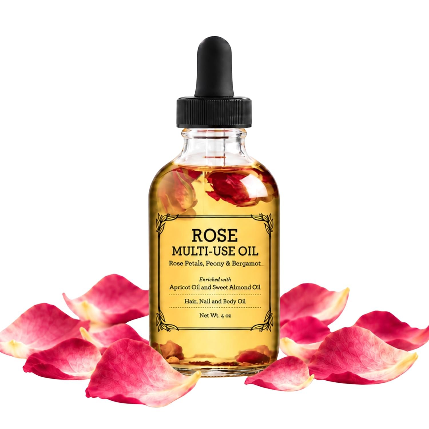 BEAUTE DE PROVENCE Multi-Use Oil for Face, Body and Hair - Organic Blend of Apricot, Vitamin E and Sweet Almond Oil Moisturizer for Dry Skin, Rose Petals, Bergamot Essential Oil - 4 Fl Oz