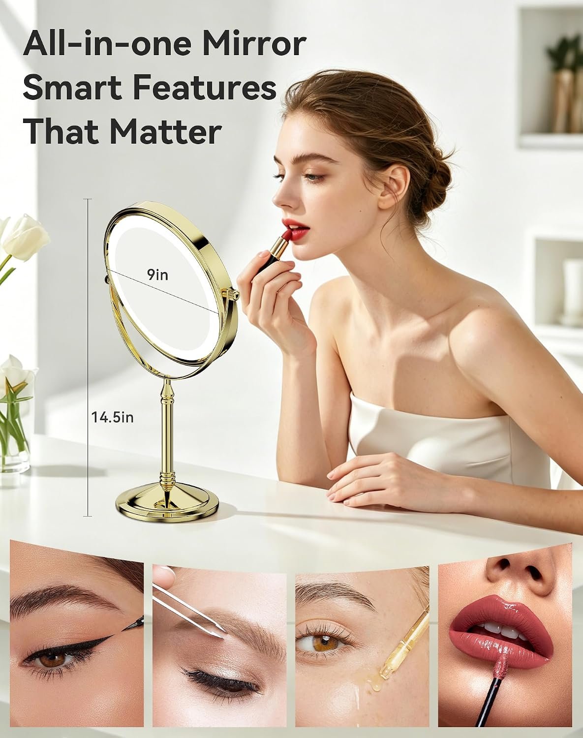 DOWRY 4000 mAh Rechargeable Lighted Makeup Mirror Gold Finish - Image 5