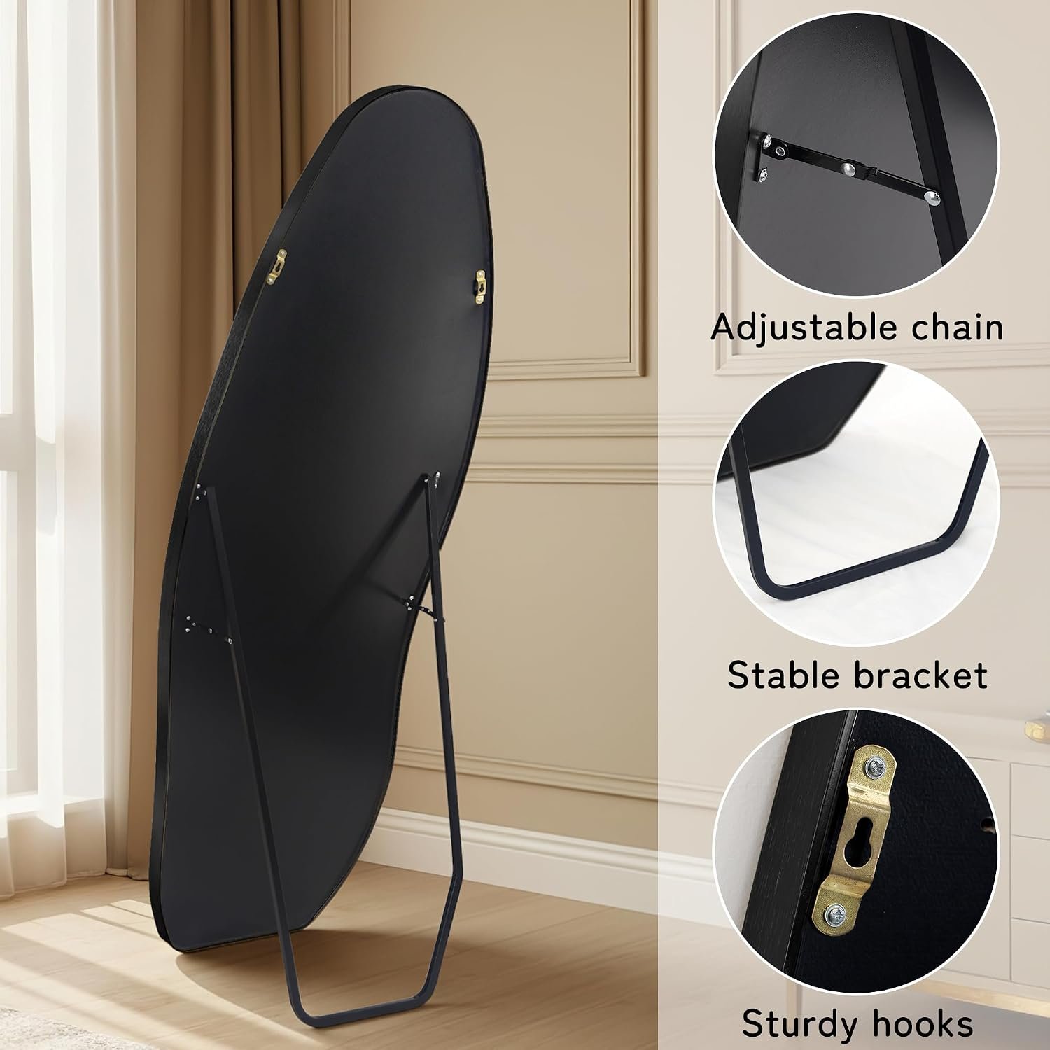 Irregular Full Length Mirror -Black Decor Floor Mirror with Stand 63"x 24" - Image 7