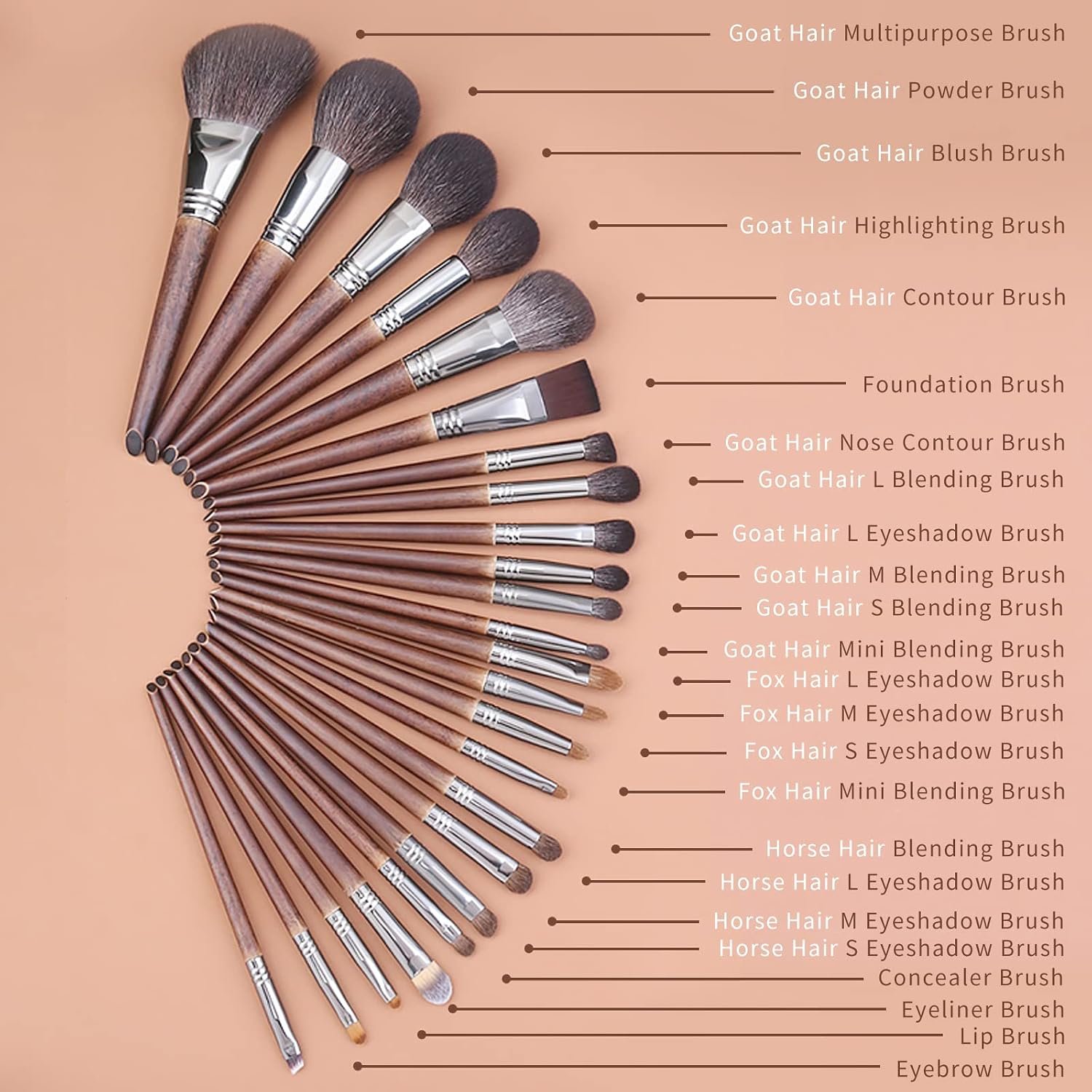 ENZO KEN Deluxe Professional Natural Goat Hair Makeup Brush Set with Roll up Bag, Pony Hair Make up Brushes Set, Natural Bristle Makeup Brush with Walnut Wooden Handle, 24 Pcs Full Cosmetic Brushes - Image 3