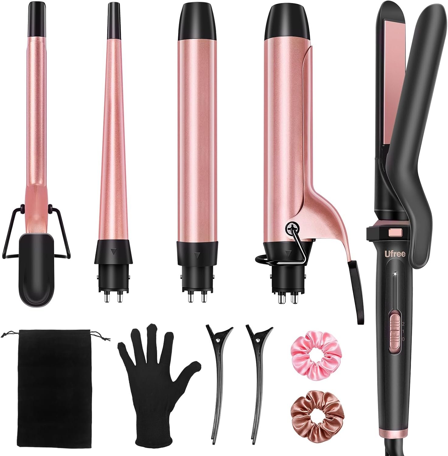 Ufree 5 in 1 Curling Iron Set with Flat Iron, 0.35"-1.25" Ceramic Barrels