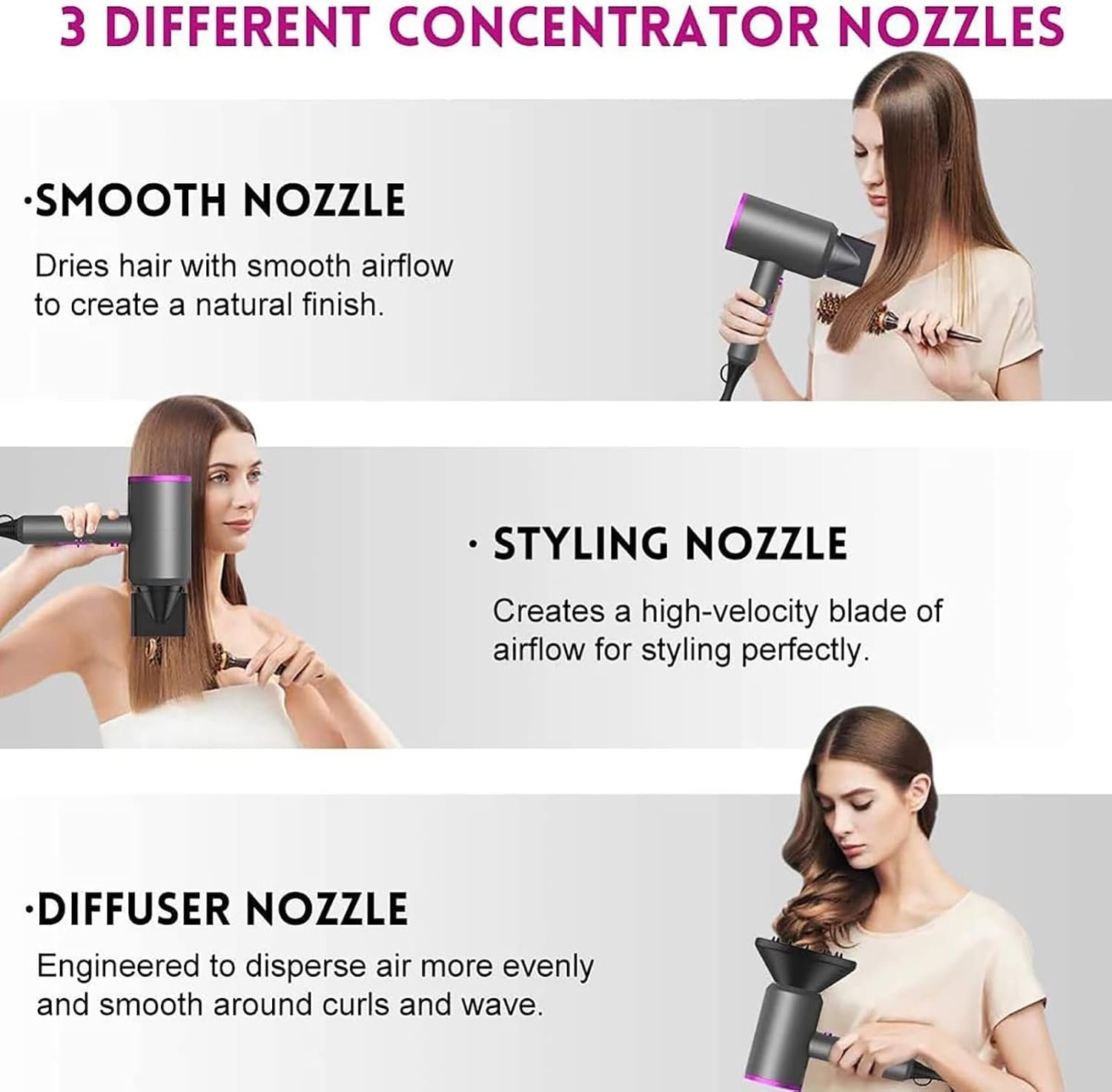 slopehill Professional Ionic Hair Dryer, Powerful 1800W Fast Drying Low Noise Blow Dryer with 2 Concentrator Nozzle 1 Diffuser Attachments for Home Salon Travel - Image 5
