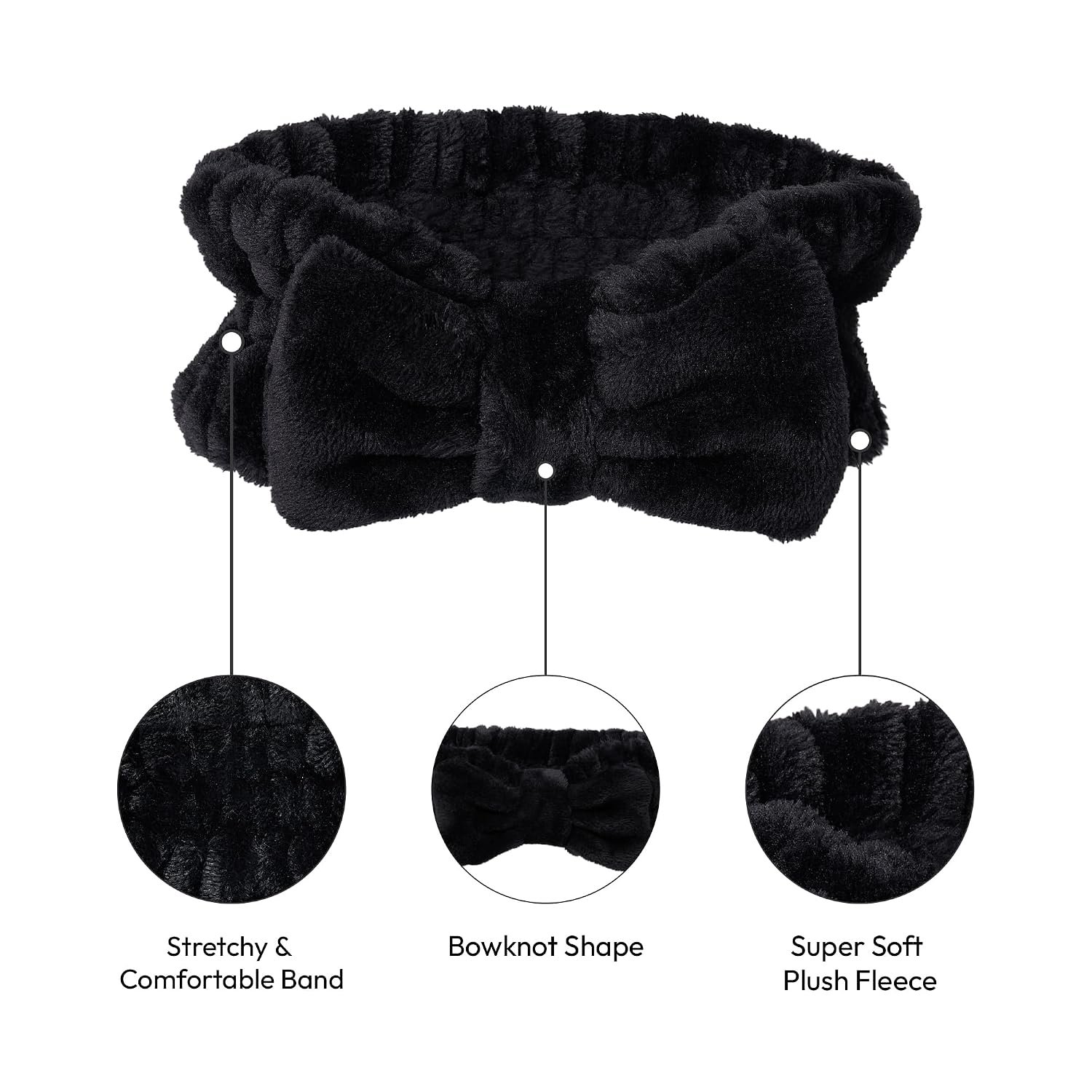 Red by Kiss Spa Headband for Washing Face Facial Makeup Bow Head Band Soft Plush Fleece Stretchy Head Wraps for Women Shower Bath Washing Face Mask (Black) - Image 4