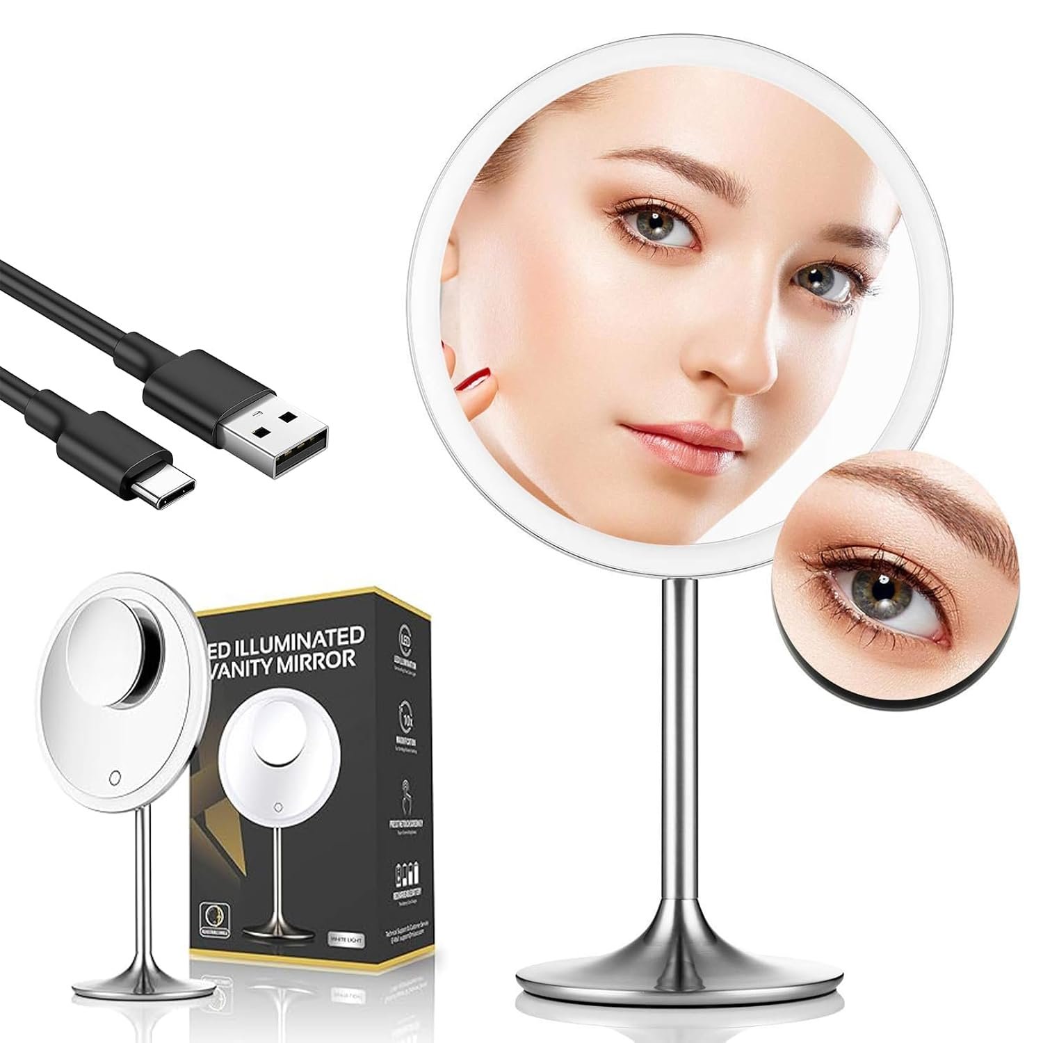 Makeup Mirror 9" Vanity Mirror with Lights, 5X & 10X Magnification - Front/Back Magnetic Design, Rechargeable & Cordless, Touch Dimming, 90° Adjustable Angle, Metal Frame, Includes USB Cable - Image 8