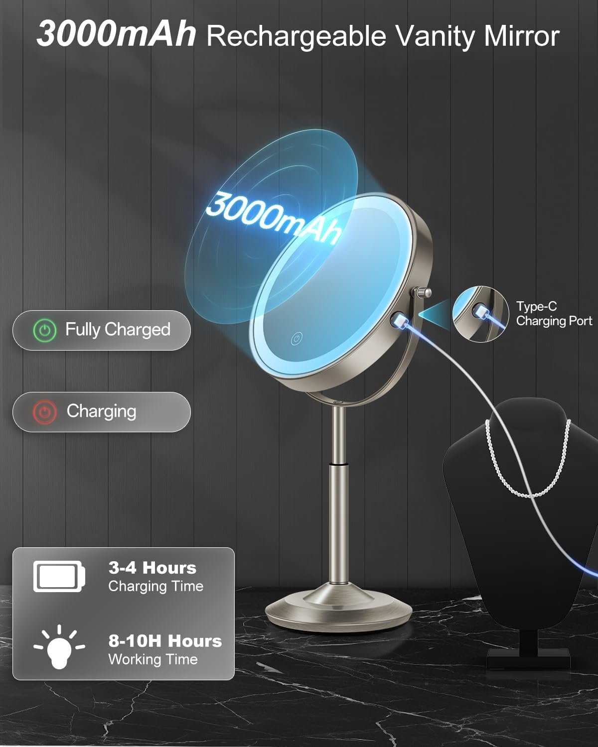 8" Lighted Makeup Mirror with Light,30X Magnifying Height Adjustable Mirror - Image 7