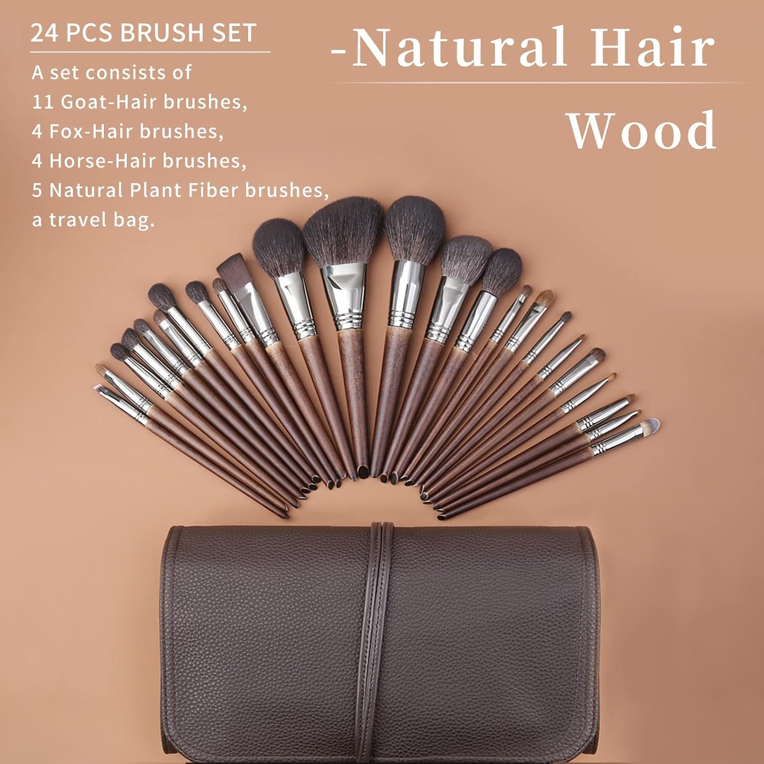 ENZO KEN Deluxe Professional Natural Goat Hair Makeup Brush Set with Roll up Bag, Pony Hair Make up Brushes Set, Natural Bristle Makeup Brush with Walnut Wooden Handle, 24 Pcs Full Cosmetic Brushes - Image 2