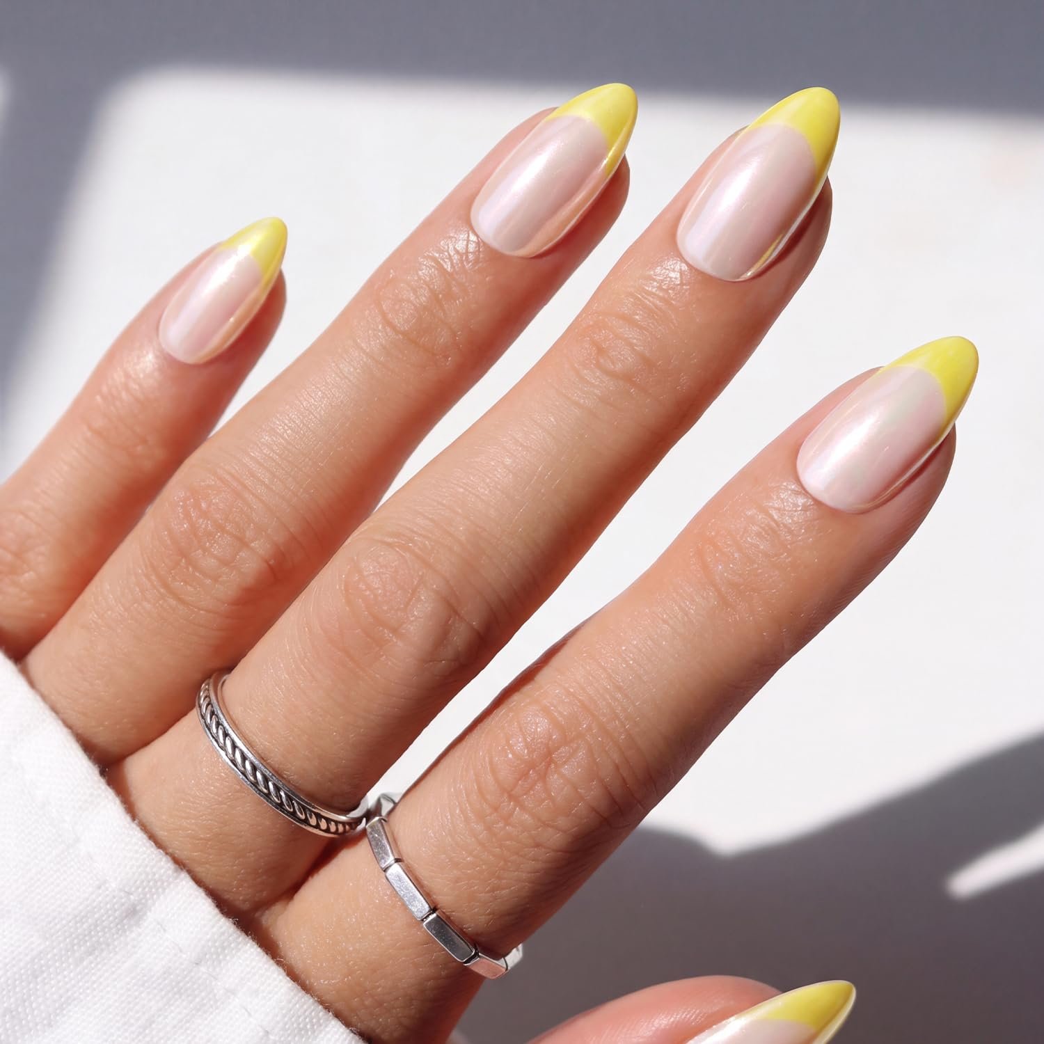 ohora Gel Press On Nails | Medium Almond, Yellow, Chrome French | Lemon Chrome