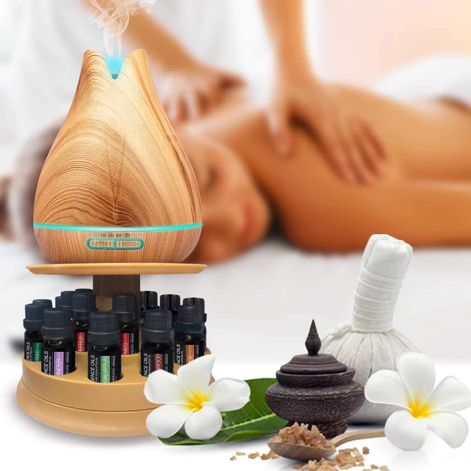 Aromatherapy Essential Oil Diffuser Gift Set with 20 Oils and Rotating Display Stand - 400ml Ultrasonic Diffuser with 20 Essential Plant Oils - 4 Timer & 7 Ambient Light Settings - Image 8