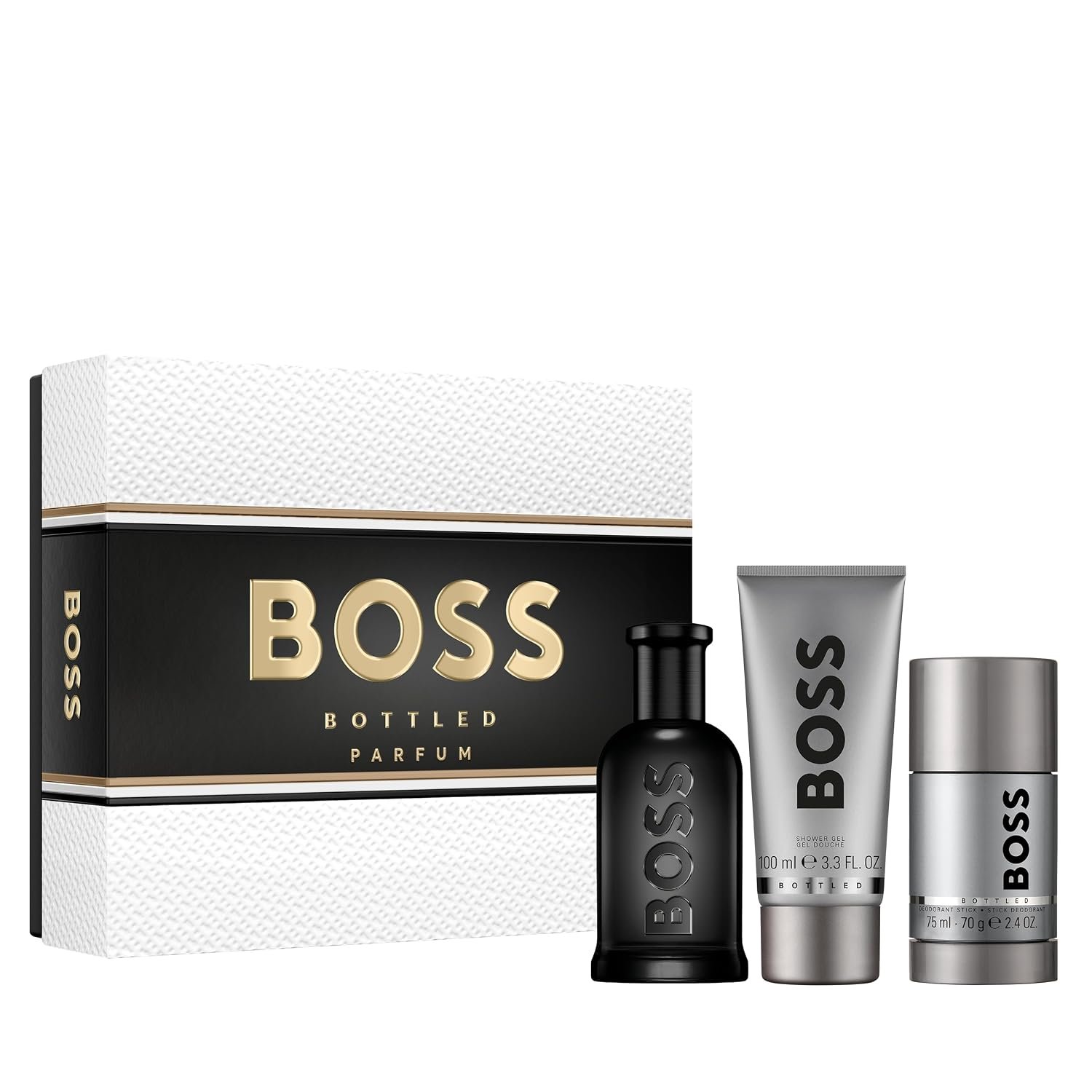 Hugo Boss Bottled Parfum 3-Piece Gift Set ($186 value) - Parfum 3.3oz, Shower Gel 3.3oz, Dei Stick 2.4oz - With Notes of Leather, Orris & Wood – Long Lasting Fragrance