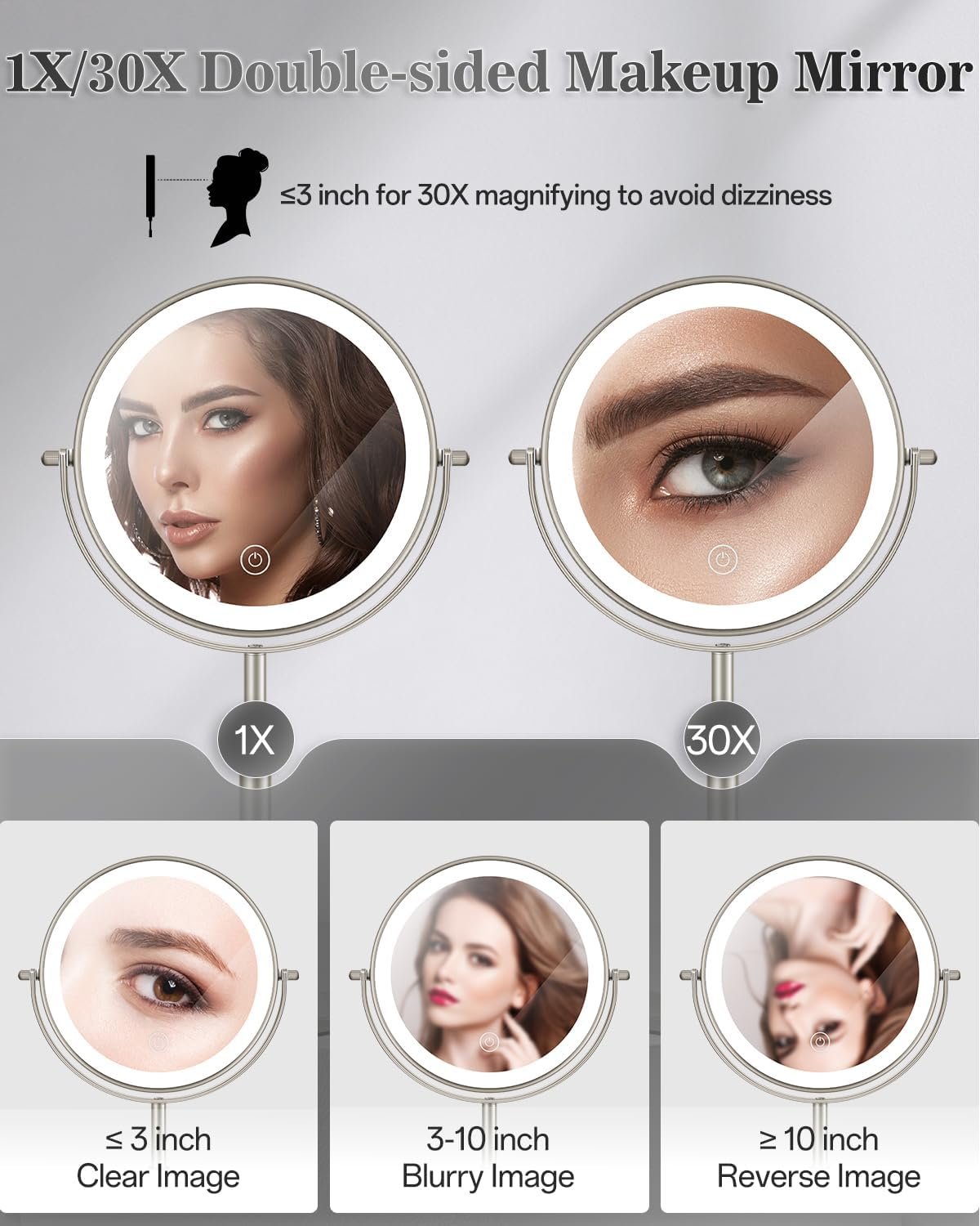 8" Lighted Makeup Mirror with Light,30X Magnifying Height Adjustable Mirror - Image 3