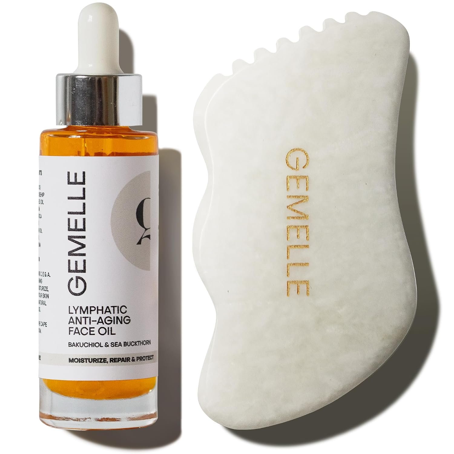 GEMELLE 2-Pack Lymphatic Anti-Aging Face Oil + Gua Sha Tool | 10x Award Winner | White Jade Stone | Moisturize, Repair & Protect | Gua Sha Facial Tools, Lymphatic Drainage Massager – 30ml