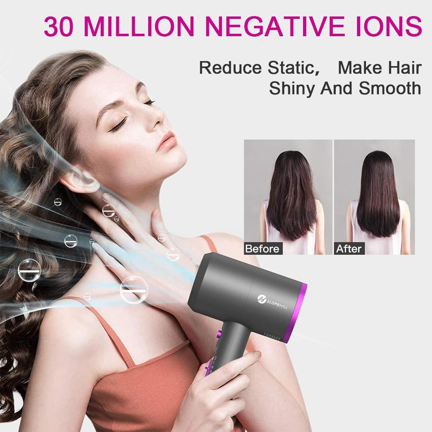 slopehill Professional Ionic Hair Dryer, Powerful 1800W Fast Drying Low Noise Blow Dryer with 2 Concentrator Nozzle 1 Diffuser Attachments for Home Salon Travel - Image 3
