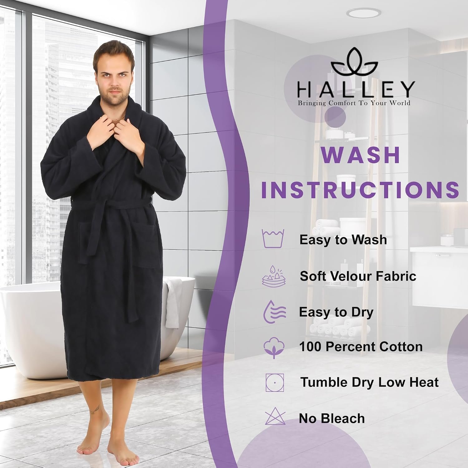 HALLEY Luxury Bathrobe for Women & Men, Shawl Collar Spa Bath Robes Terry Cotton Ultra Soft Shower Robe with Pockets - Image 5