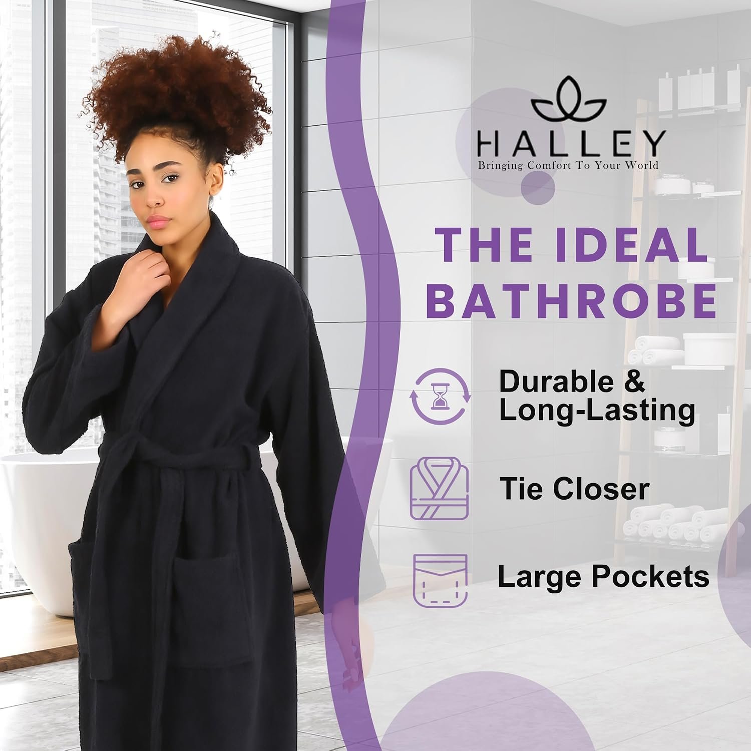 HALLEY Luxury Bathrobe for Women & Men, Shawl Collar Spa Bath Robes Terry Cotton Ultra Soft Shower Robe with Pockets - Image 2