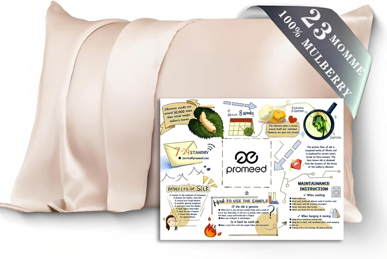 PROMEED 23 Momme 100% Mulberry Silk Pillowcase for Hair and Skin, Standard