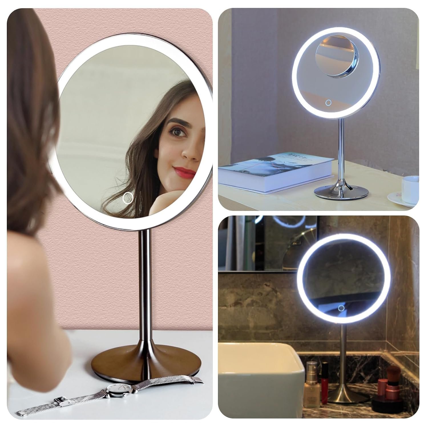 Makeup Mirror 9" Vanity Mirror with Lights, 5X & 10X Magnification - Front/Back Magnetic Design, Rechargeable & Cordless, Touch Dimming, 90° Adjustable Angle, Metal Frame, Includes USB Cable - Image 7