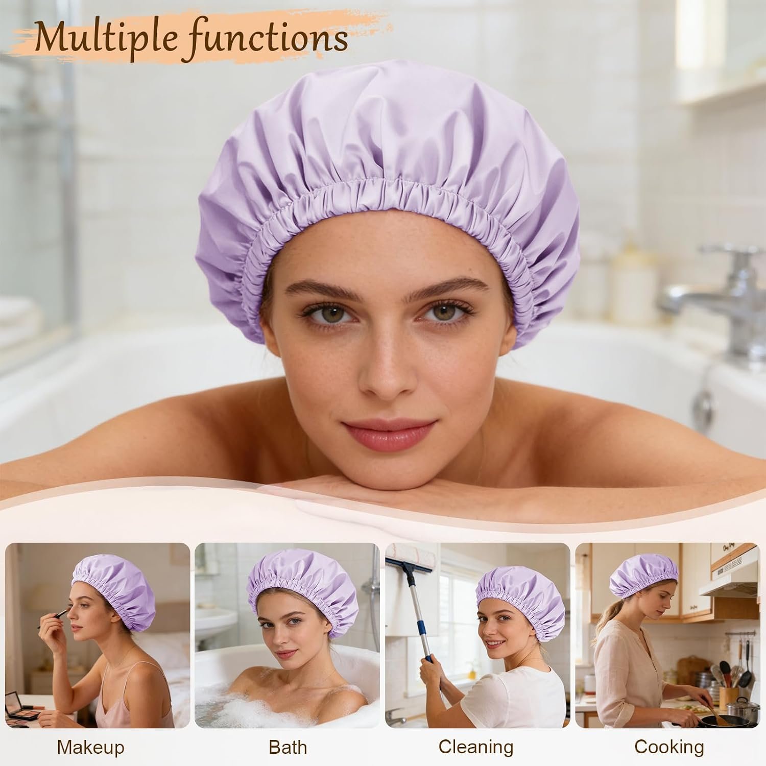Shower Cap for Women, Reusable Waterproof Satin Lined Shower Cap - Image 4