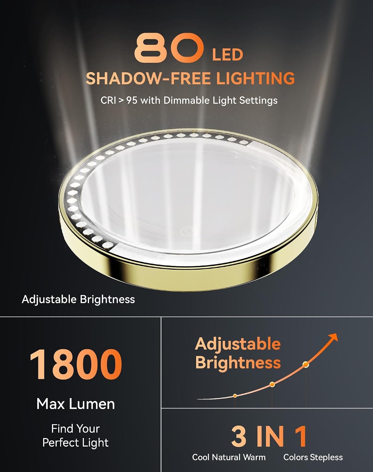 DOWRY 4000 mAh Rechargeable Lighted Makeup Mirror Gold Finish - Image 2