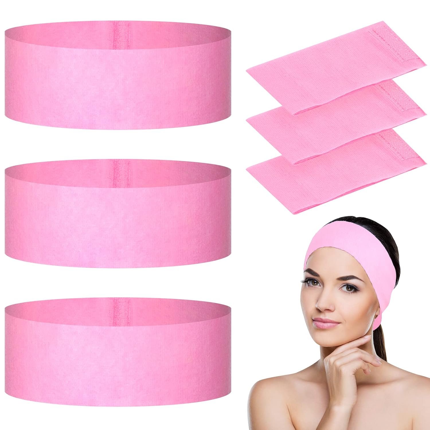 128 Pieces Disposable Spa Facial Headbands Stretch Non-Woven Headband Soft Skin Care Hair Band with Convenient Closure for Women Girls Salons Esthetician Supplies, Pink Large