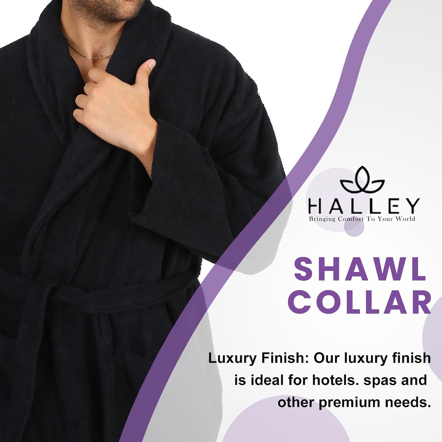 HALLEY Luxury Bathrobe for Women & Men, Shawl Collar Spa Bath Robes Terry Cotton Ultra Soft Shower Robe with Pockets - Image 3