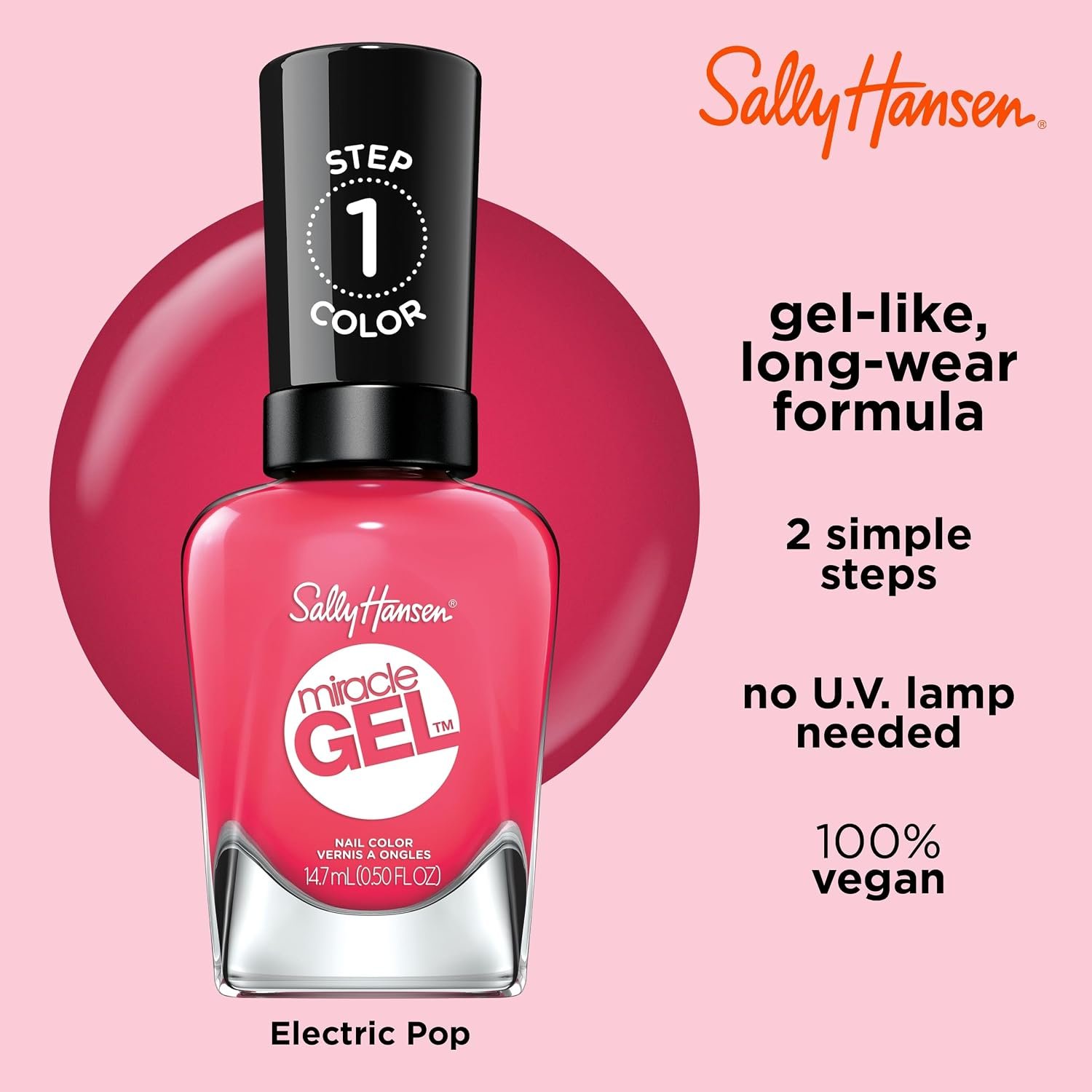 Sally Hansen Miracle Gel Salon Quality Nail Polish | Gel-Like Formula, Two-Step System, No UV Light Needed, Long Lasting | Opaque, Glossy | 339 Electric Pop | Hot Pink Nail Color - Image 4