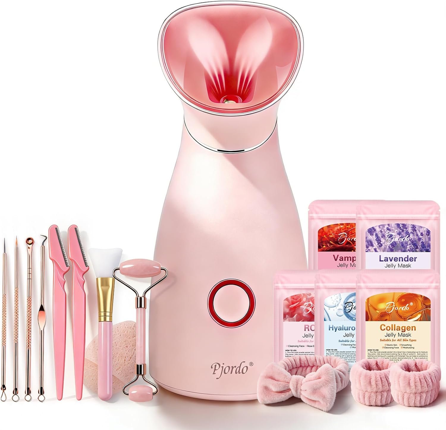 Pjordo Facial Steamer Spa Kit, 12 Skin Care Tools & 5 Jelly Mask Powder, Nano Ionic Steamer for Facial Deep Cleaning Unclog Pores Sinuses, Warm Mist Humidifier for Home SPA, Self Care Gifts for Women