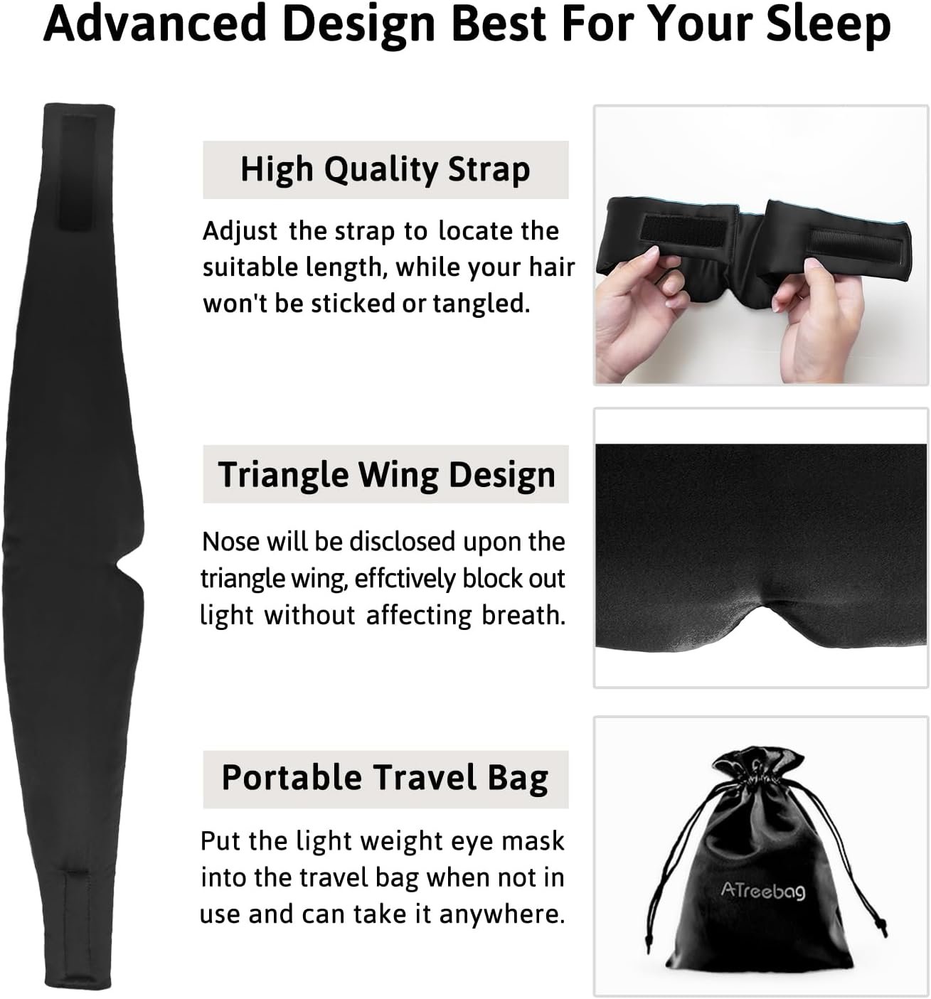 Silk Sleep Mask for Women Men, Mulberry Silk Eye Sleeping Mask & Blindfold with Adjustable Strap, Blackout Eye Cover for Sleep Travel Yoga Nap, Large Size, Black - Image 6