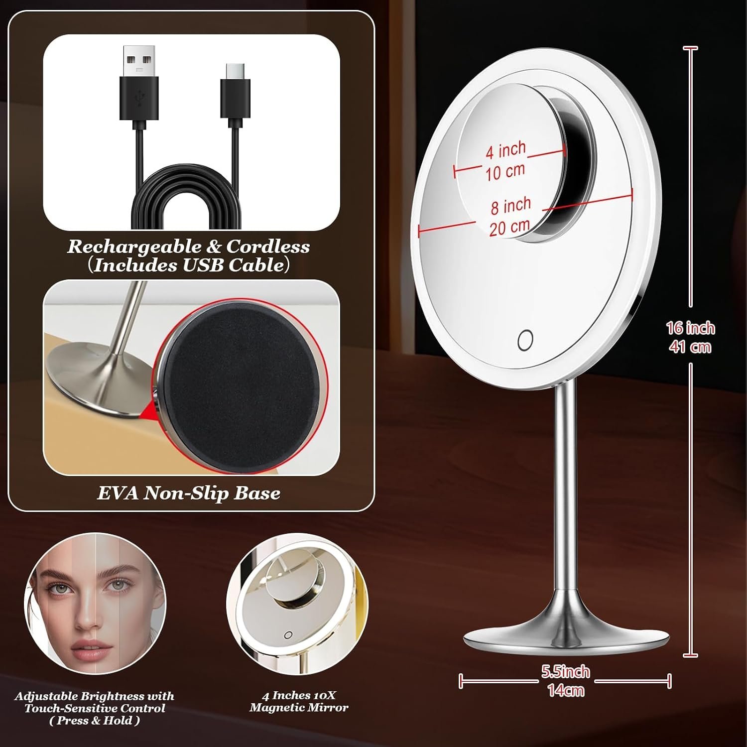 Makeup Mirror 9" Vanity Mirror with Lights, 5X & 10X Magnification - Front/Back Magnetic Design, Rechargeable & Cordless, Touch Dimming, 90° Adjustable Angle, Metal Frame, Includes USB Cable - Image 3