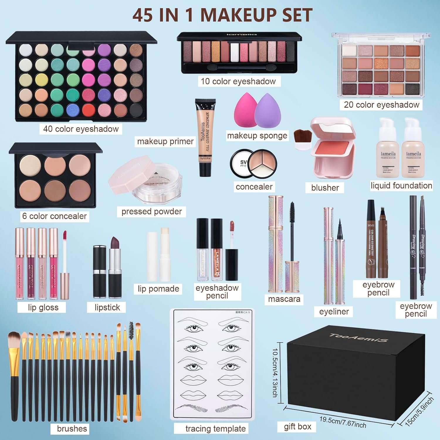 Makeup Set for Women Full Kit Includes, eyeshadow、 liquidfoundation,Loose powder,Eyebrow pencil,Lipstick Eye Pencil Makeup BrushesMakeup practice board 4-color lip gloss set - Image 2