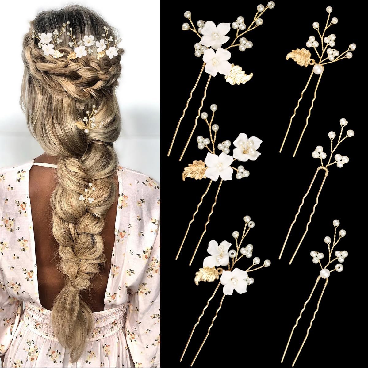 6 Pieces Flower Pearl Wedding Hair Pins, Handmade Gold Leaf Bridal Hair Styling Headpiece Jewelry for Brides Bridesmaids Flower Girls(Flower Pearl Style)