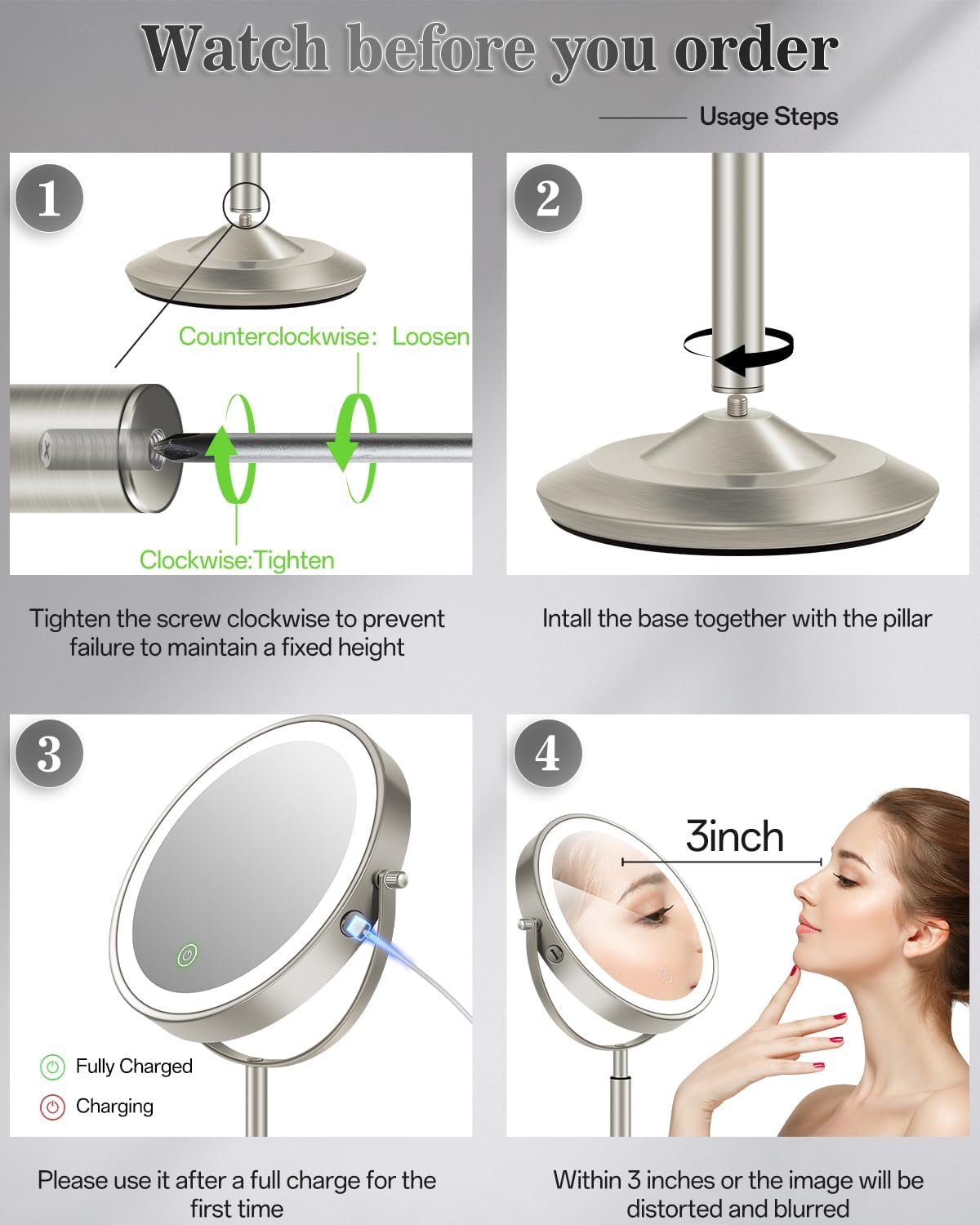 8" Lighted Makeup Mirror with Light,30X Magnifying Height Adjustable Mirror - Image 2