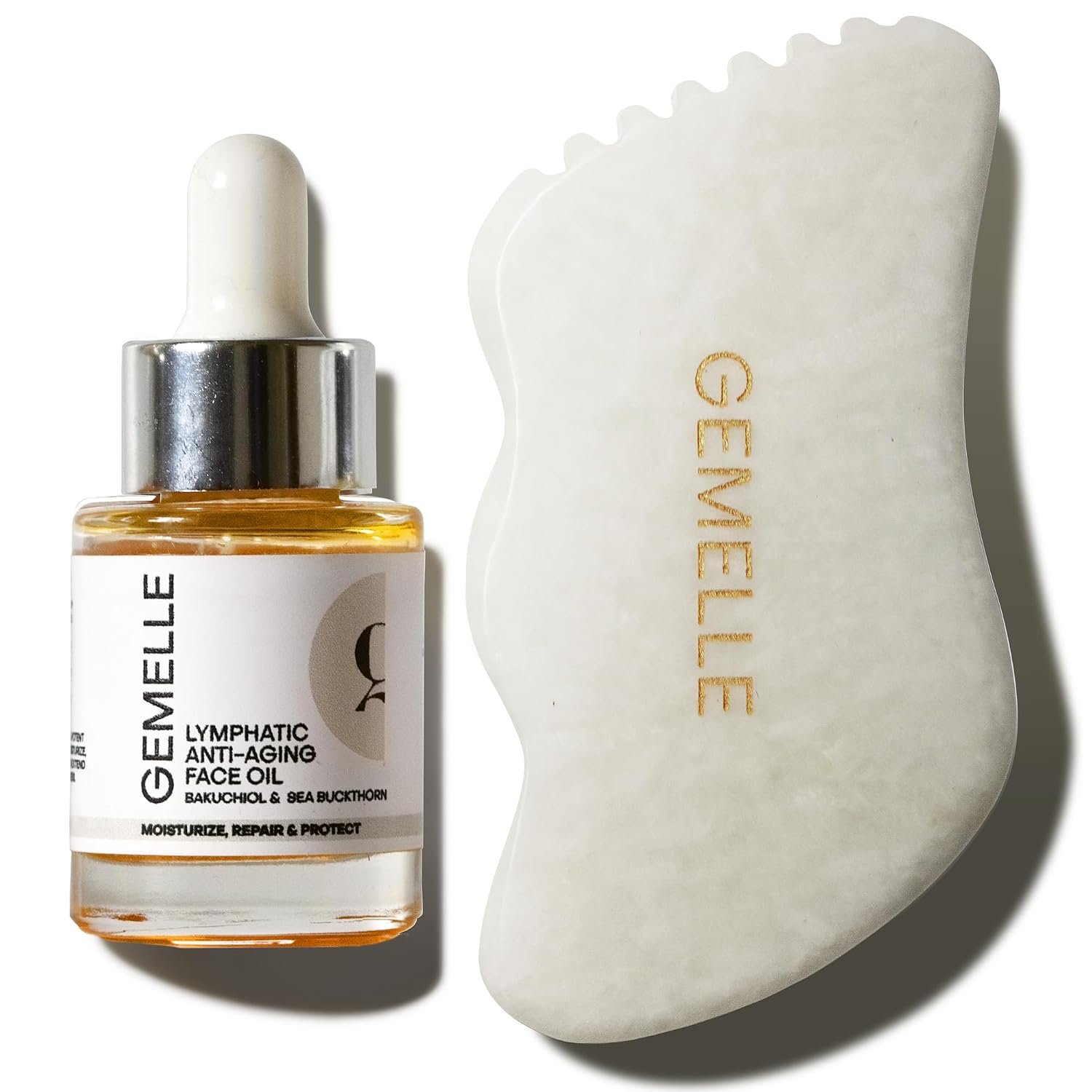 GEMELLE 2-Pack Lymphatic Gua Sha Tool with Anti-Aging Face Oil Starter Set 15ml | 10x Award Winner | White Jade Stone | Moisturize, Repair & Protect | Gua Sha Facial Tools, Lymphatic Drainage Massager