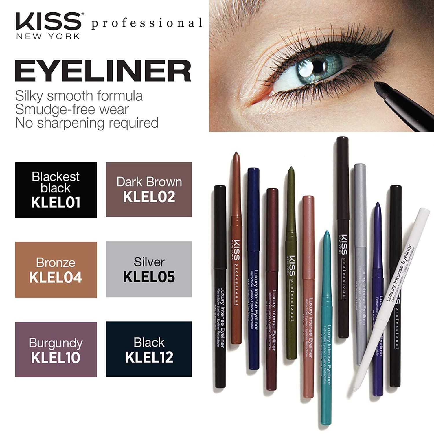KISS NEW YORK Professional Retractable Eyeliner, Luxury Intense Highly Pigmented Eye Makeup, Long-Lasting, Water-Resistant, Smudge-Proof, Smooth Gliding (3 Pack, Blackest Black) - Image 3