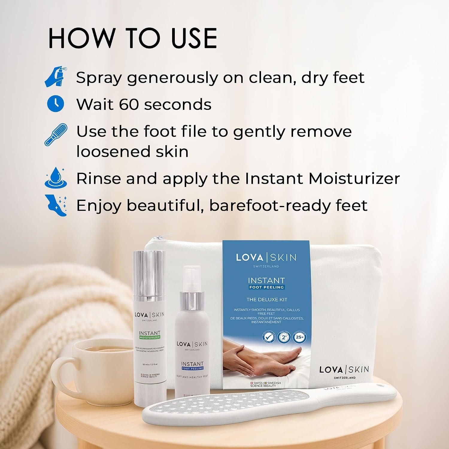 LOVA Skin Instant Foot Peel Deluxe Kit | Foot Callus Remover Spray | Callus Remover for Feet with File & Moisturizer | Pedicure Tools for Feet at Home Spa Care - Image 5