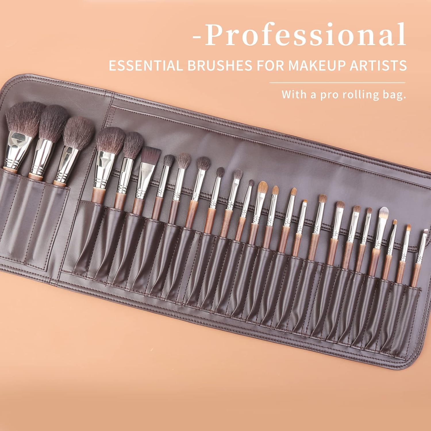 ENZO KEN Deluxe Professional Natural Goat Hair Makeup Brush Set with Roll up Bag, Pony Hair Make up Brushes Set, Natural Bristle Makeup Brush with Walnut Wooden Handle, 24 Pcs Full Cosmetic Brushes - Image 4
