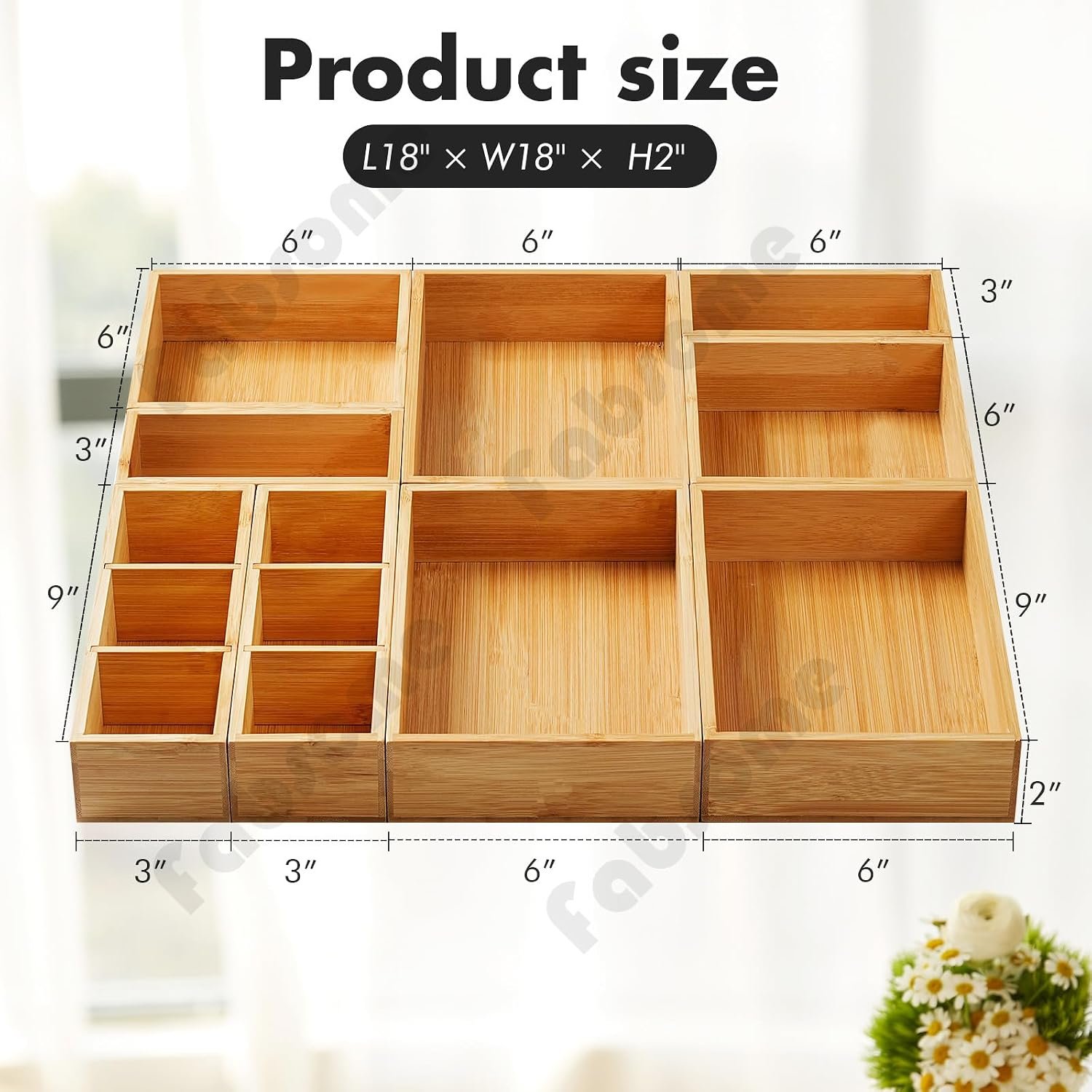 Fabsome Drawer Organizer, Set of 9 Bamboo Wood Kitchen Makeup Desk Junk Tea Drawer Storage Boxes Bins for Cutlery Silverware Utensils Flatware, Small Wooden Container Tray for Bathroom, Office - Image 6