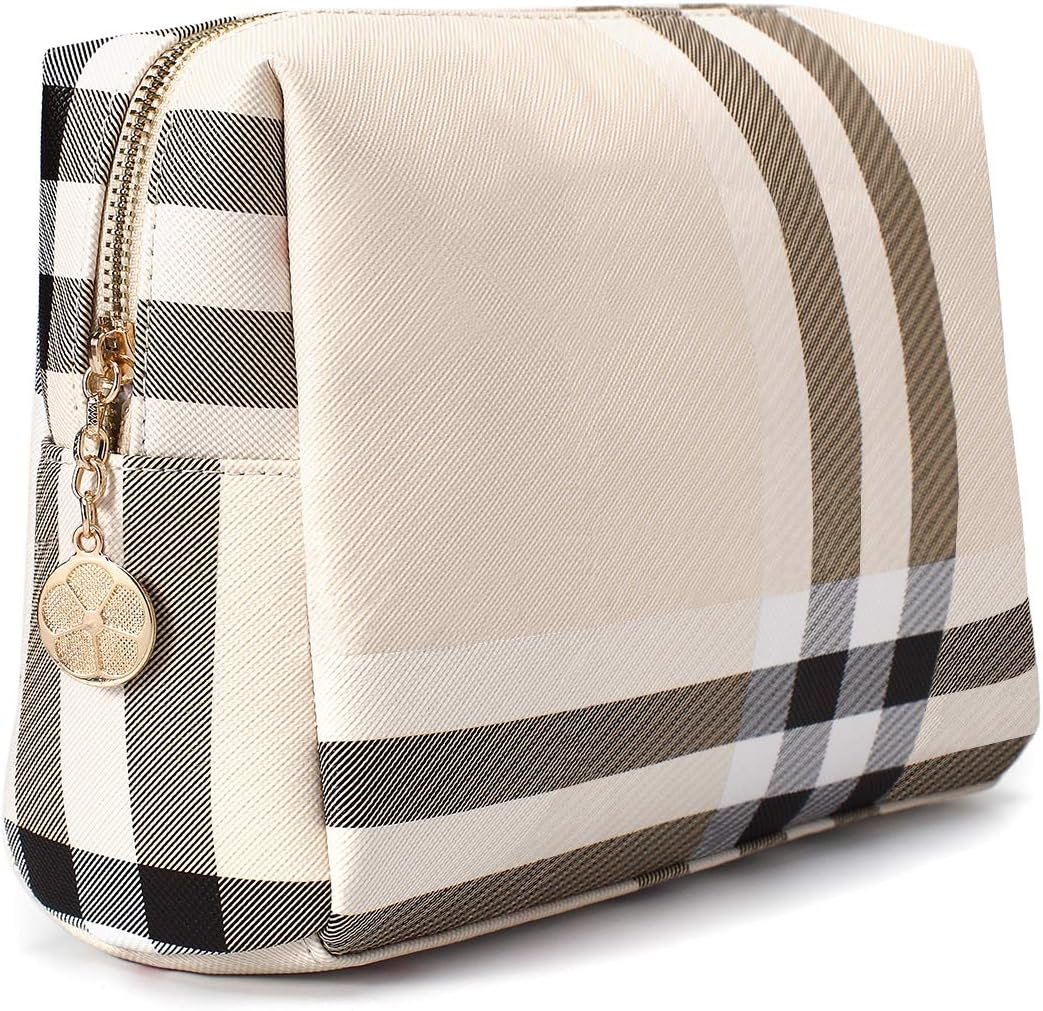 Large Makeup Bag for Purse Luxury Cosmetic Designer Make Up Pouch (Beige)