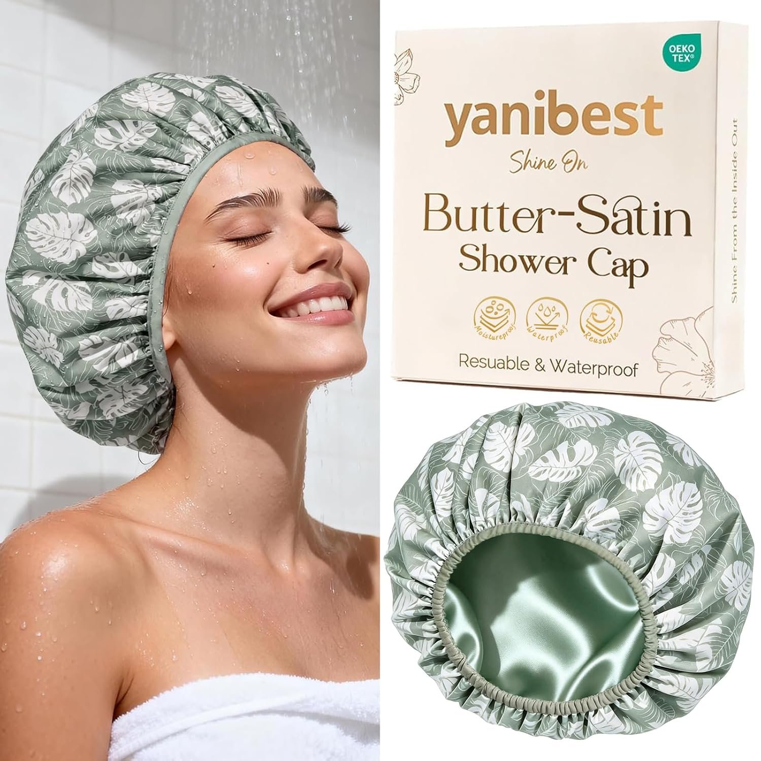 Yanibest Frizz Free Satin Lined Shower Cap with Soft Elastic Band