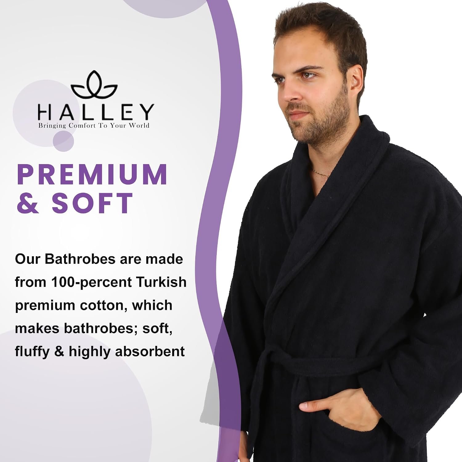 HALLEY Luxury Bathrobe for Women & Men, Shawl Collar Spa Bath Robes Terry Cotton Ultra Soft Shower Robe with Pockets - Image 4