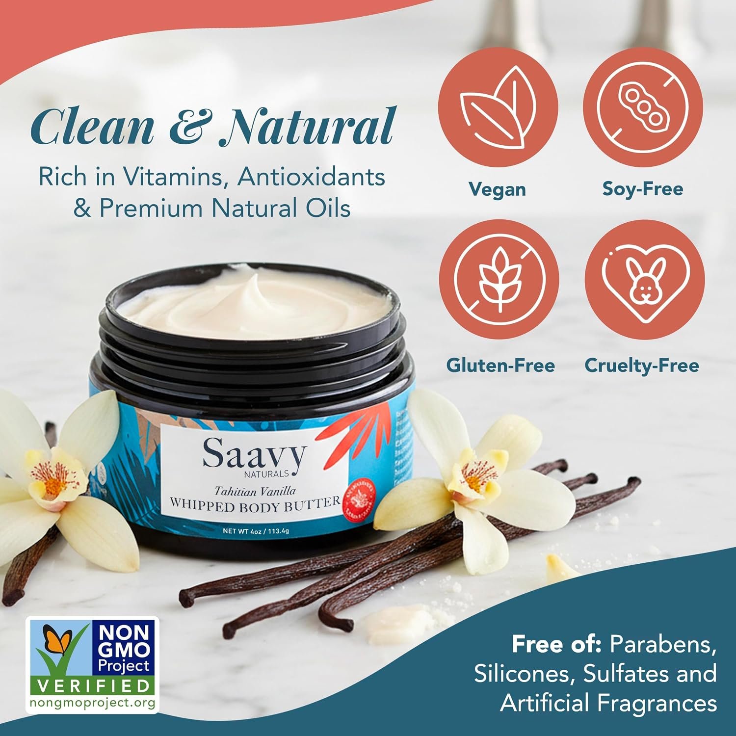 Saavy Naturals Whipped Body Butter - Made with Organic Shea Butter, Essential Body Care & Dry Skin Moisturizer for Women, Velvety Rich Cream Texture, Naturally Scented - Tahitian Vanilla, 4 oz - Image 5