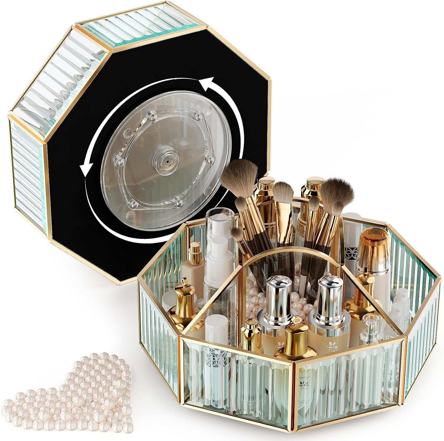 CoralHouse Rotating Glass Makeup Organizer for Vanity with Brush Holder