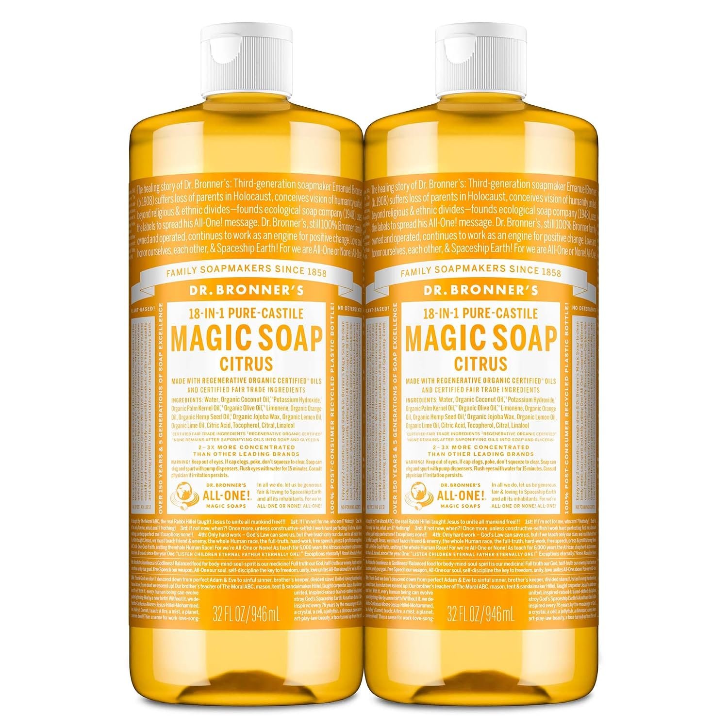 Dr. Bronner's Citrus Pure-Castile Liquid Soap, Body Wash, 32 oz 2-Pack