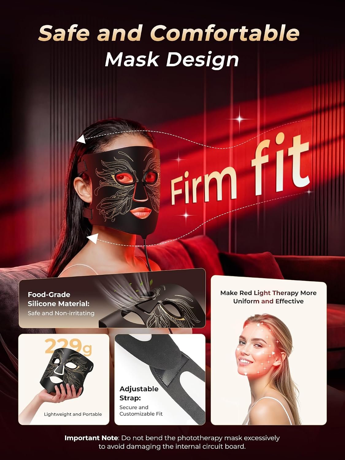 7-in-1 Red Light Therapy for Face & Neck, Skin-Friendly Silicone Red Light Therapy Mask with 324 LEDs, 5 Brightness Levels & 20 Mins Timer, Led Face Mask Light Therapy for Home & Travel - Image 6