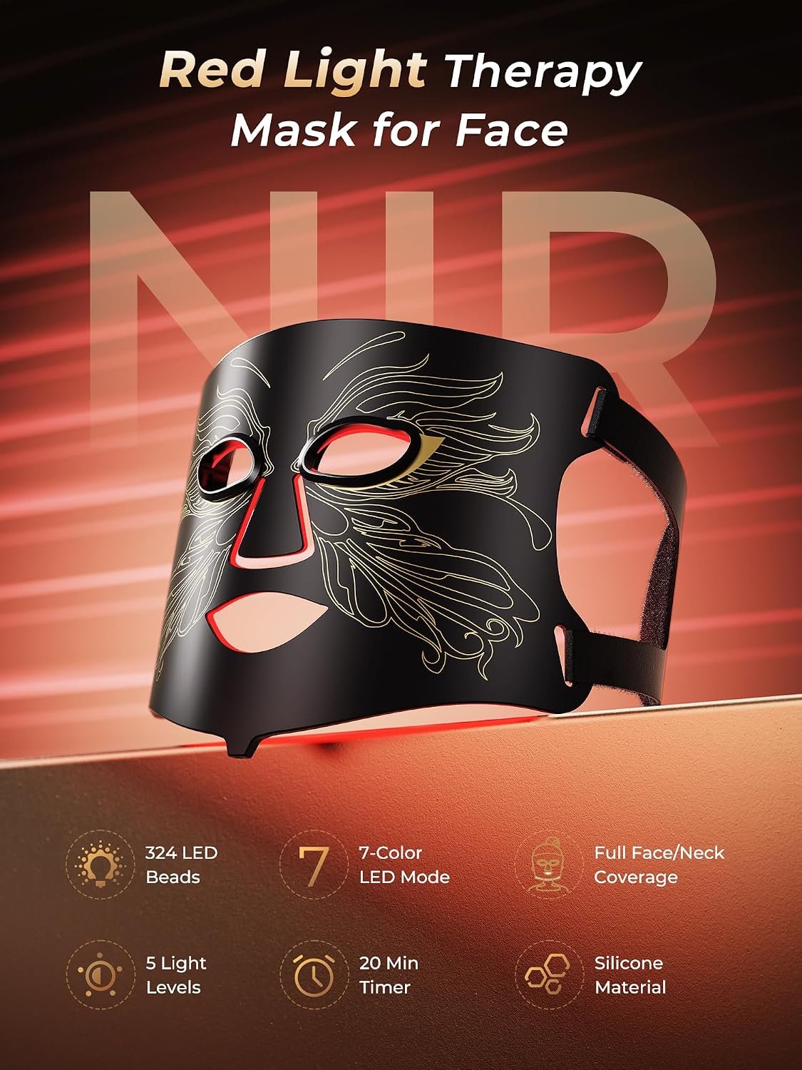7-in-1 Red Light Therapy for Face & Neck, Skin-Friendly Silicone Red Light Therapy Mask with 324 LEDs, 5 Brightness Levels & 20 Mins Timer, Led Face Mask Light Therapy for Home & Travel - Image 2