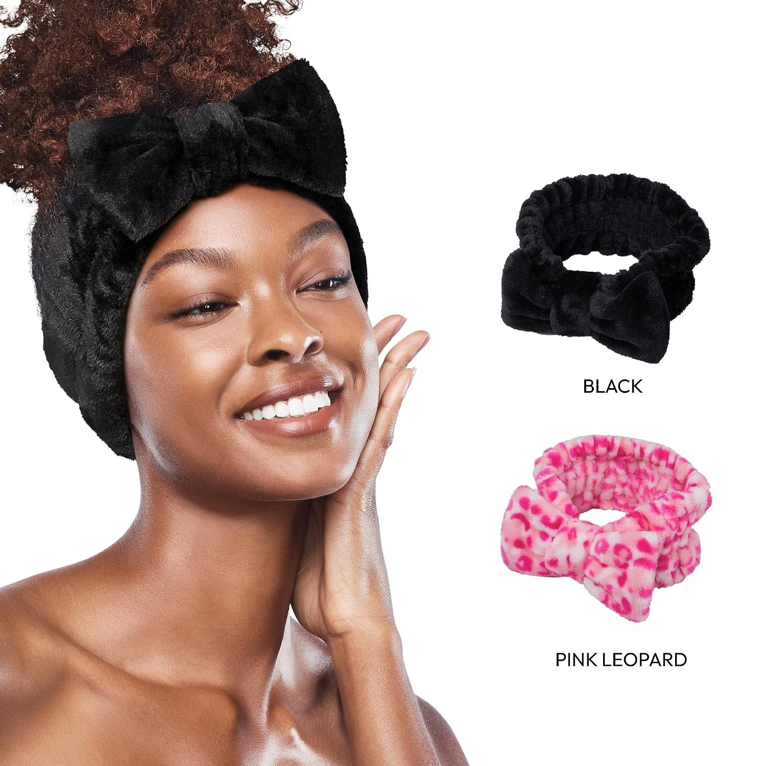 Red by Kiss Spa Headband for Washing Face Facial Makeup Bow Head Band Soft Plush Fleece Stretchy Head Wraps for Women Shower Bath Washing Face Mask (Black) - Image 6