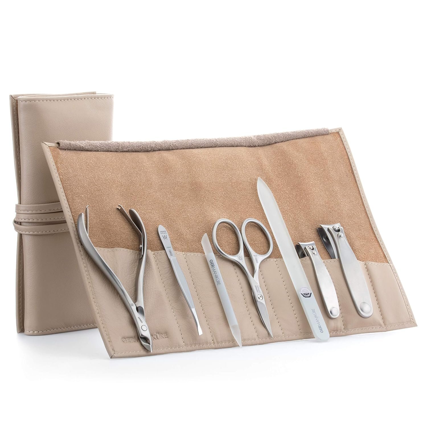 GERMANIKURE 7pc Manicure & Pedicure Set, FINOX Steel, Beige Leather Roll