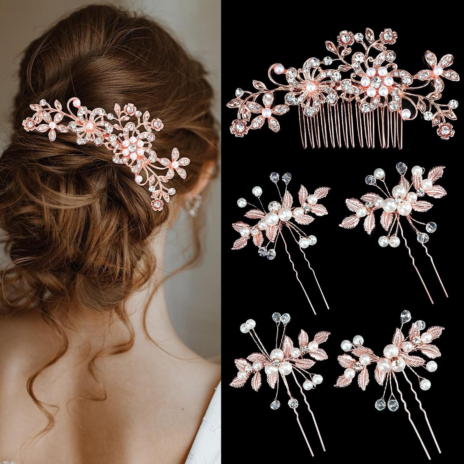 Chanaco Wedding Bridal Hair Accessories 5Pcs Wedding Hair Pieces for Brides Rose Gold Hair Pins Hair Comb Set Bride Accessory for Women Non Slip Rhinestone Cystal Pearl Headpiece Decorations