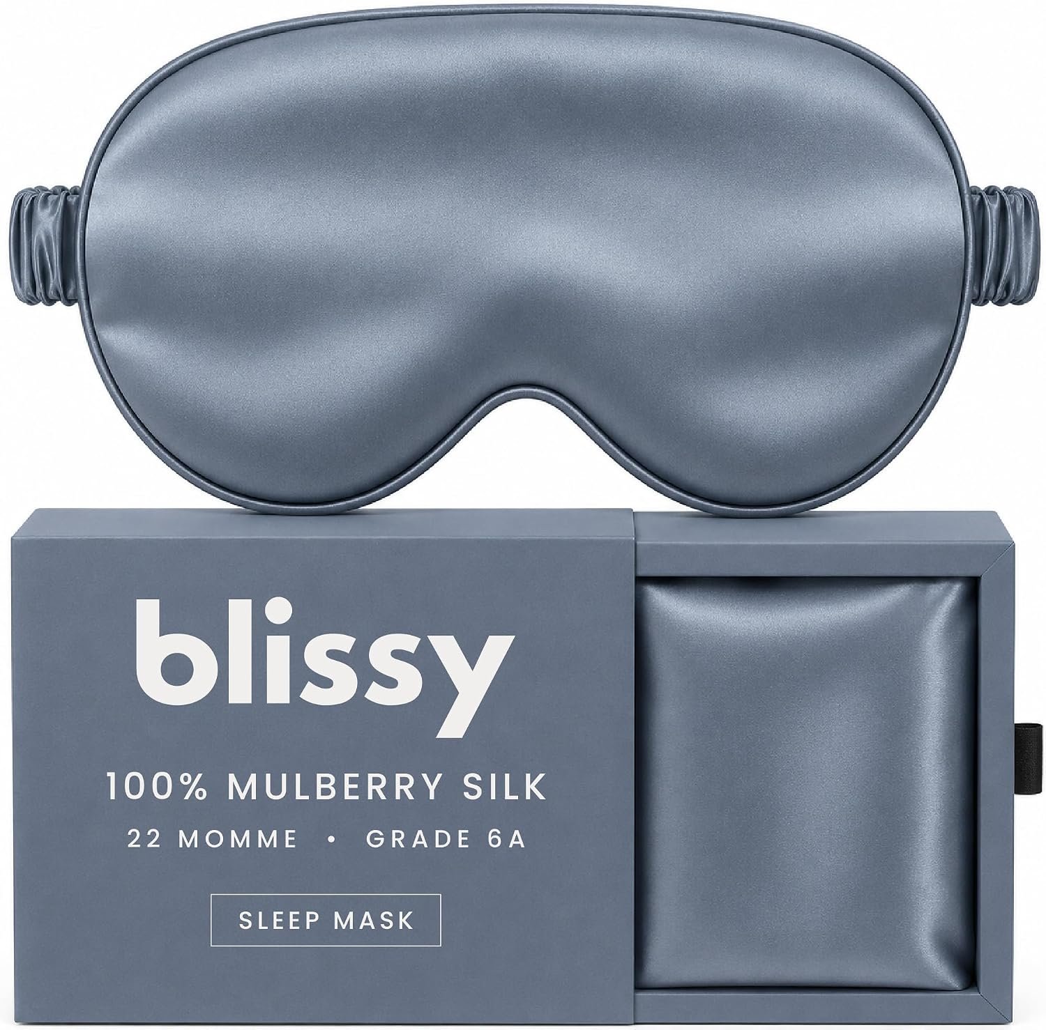Blissy Silk Sleep Mask - Eye Sleeping Mask for Women & Men for Total Blackout - 100% Pure Mulberry Silk, 22 Momme 6a Fibers - Blindfold Sleep Mask Side Sleeper Eye Cover (Ash Blue)