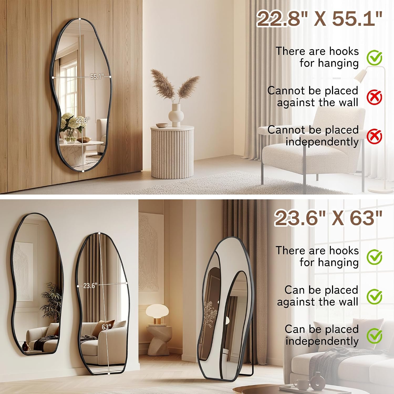 Irregular Full Length Mirror -Black Decor Floor Mirror with Stand 63"x 24" - Image 5